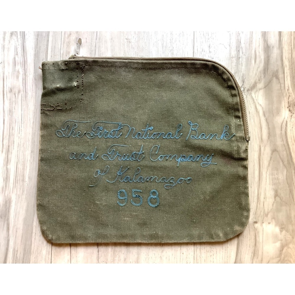 Vintage Canvas Bank Bag Kalamazoo ~ Embroidered Talon Zipper Money Deposit Bag